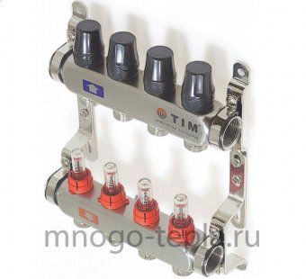 Коллекторная группа Tim (KDS5010) 1" ВР-ВР, 10 отводов 3/4", нержавеющая сталь, расходомер - №1